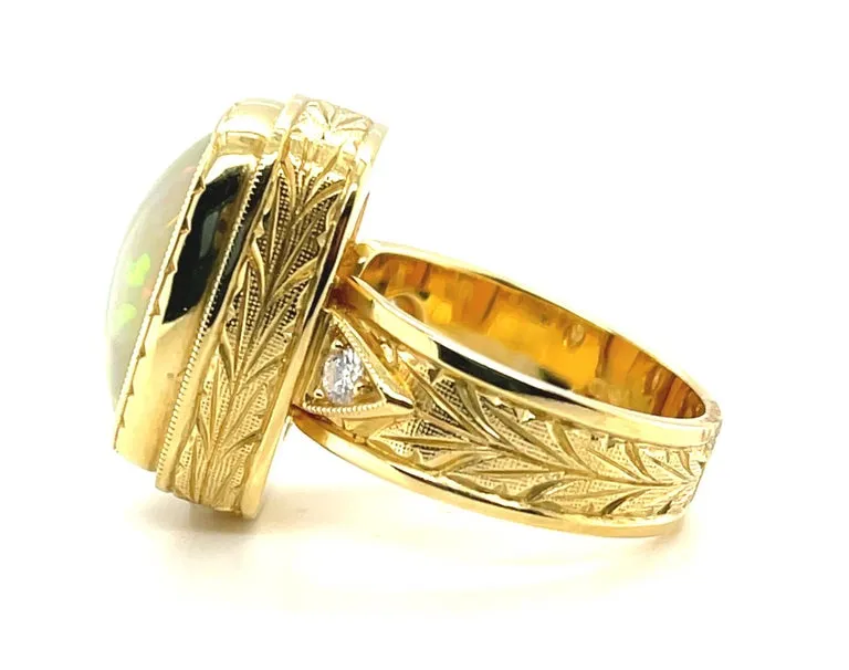 Opal and Diamond Handmade Band Ring in 18k Yellow Gold. 9.37 Carats