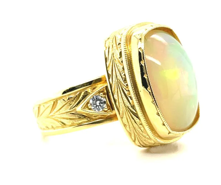 Opal and Diamond Handmade Band Ring in 18k Yellow Gold. 9.37 Carats