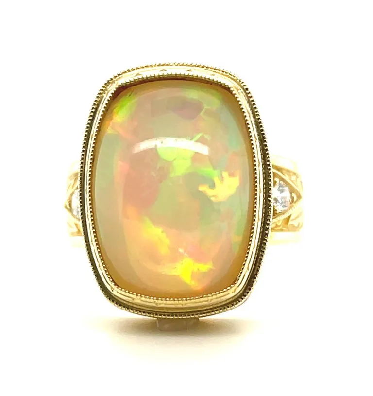 Opal and Diamond Handmade Band Ring in 18k Yellow Gold. 9.37 Carats