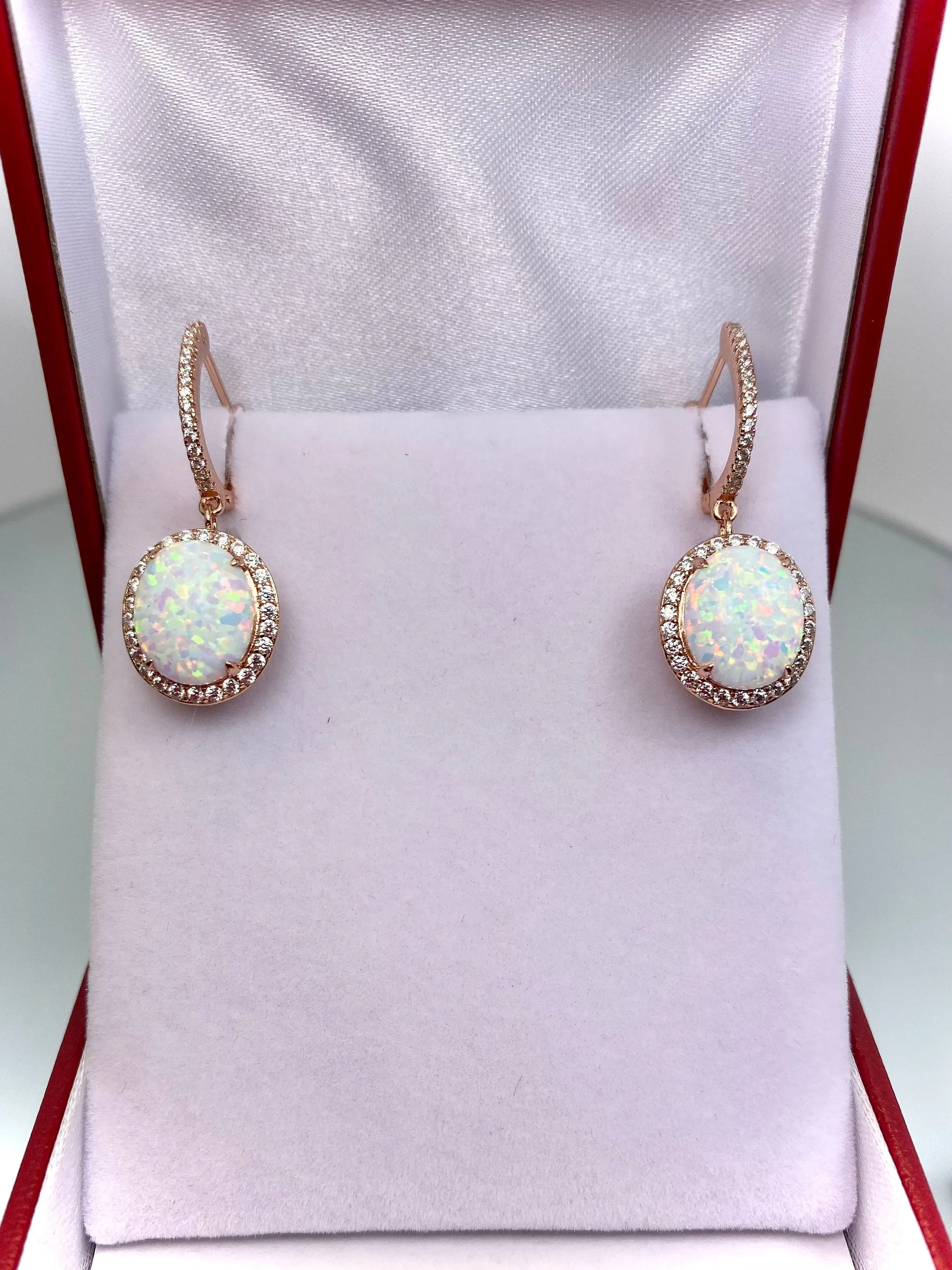 Opal Earrings, Halo Art Deco Earrings, 10K or 14K Rose Gold Filigree #E228