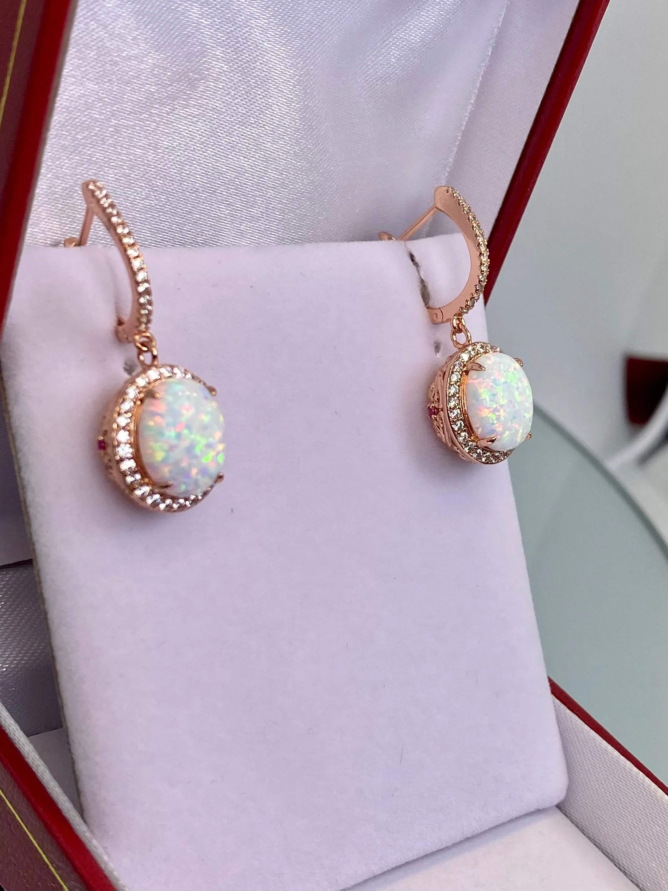 Opal Earrings, Halo Art Deco Earrings, 10K or 14K Rose Gold Filigree #E228