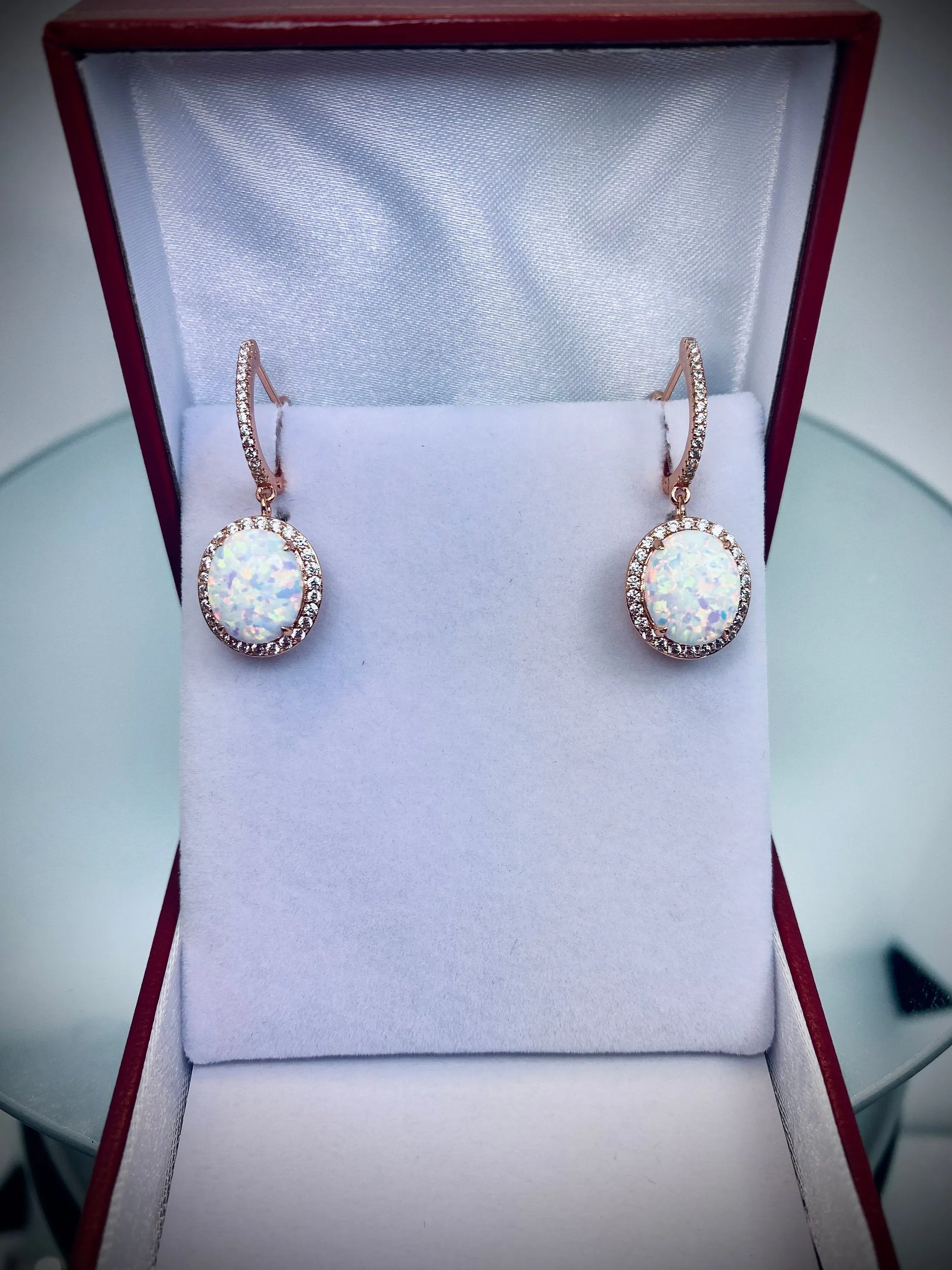 Opal Earrings, Halo Art Deco Earrings, 10K or 14K Rose Gold Filigree #E228
