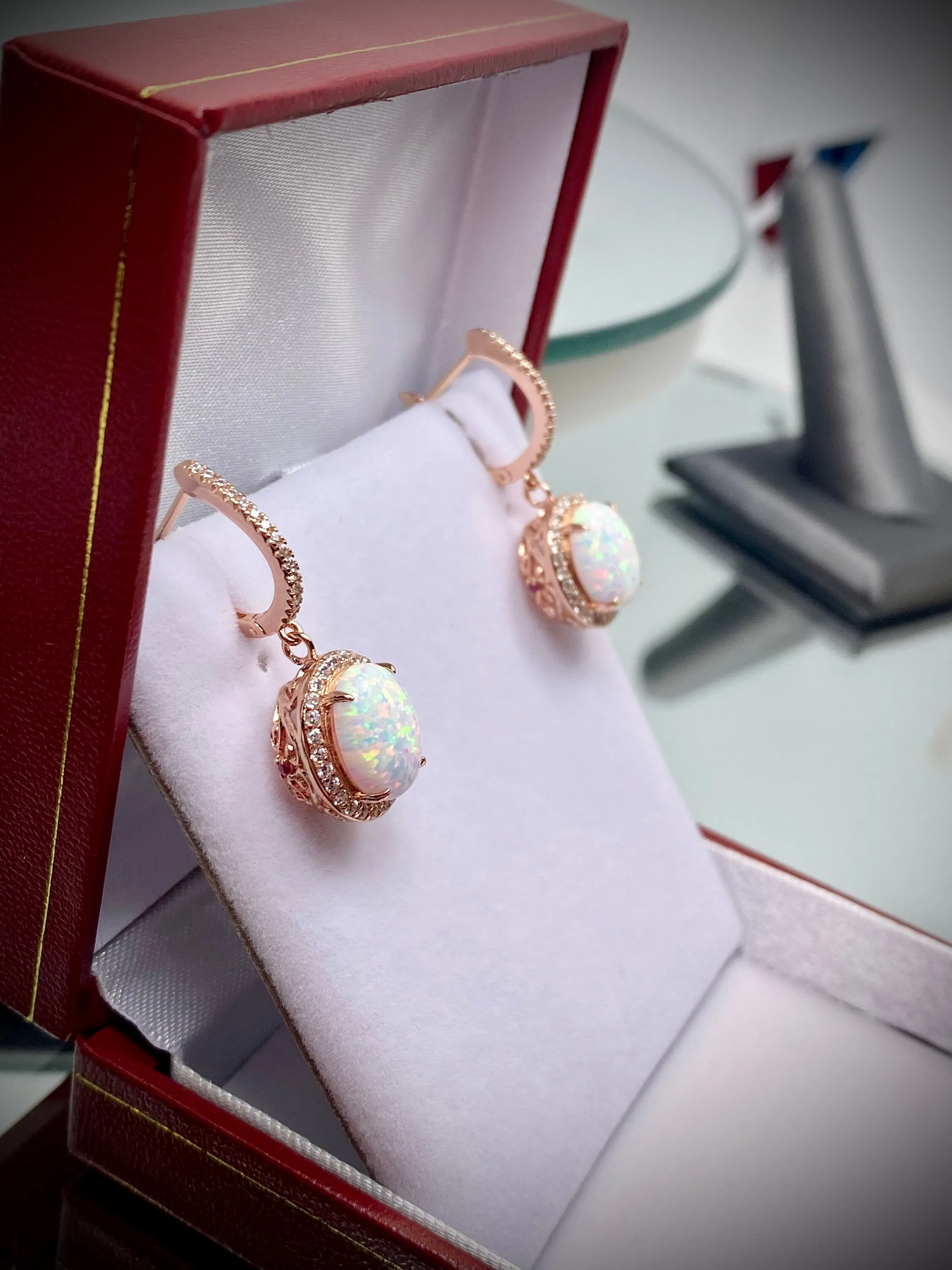 Opal Earrings, Halo Art Deco Earrings, 10K or 14K Rose Gold Filigree #E228
