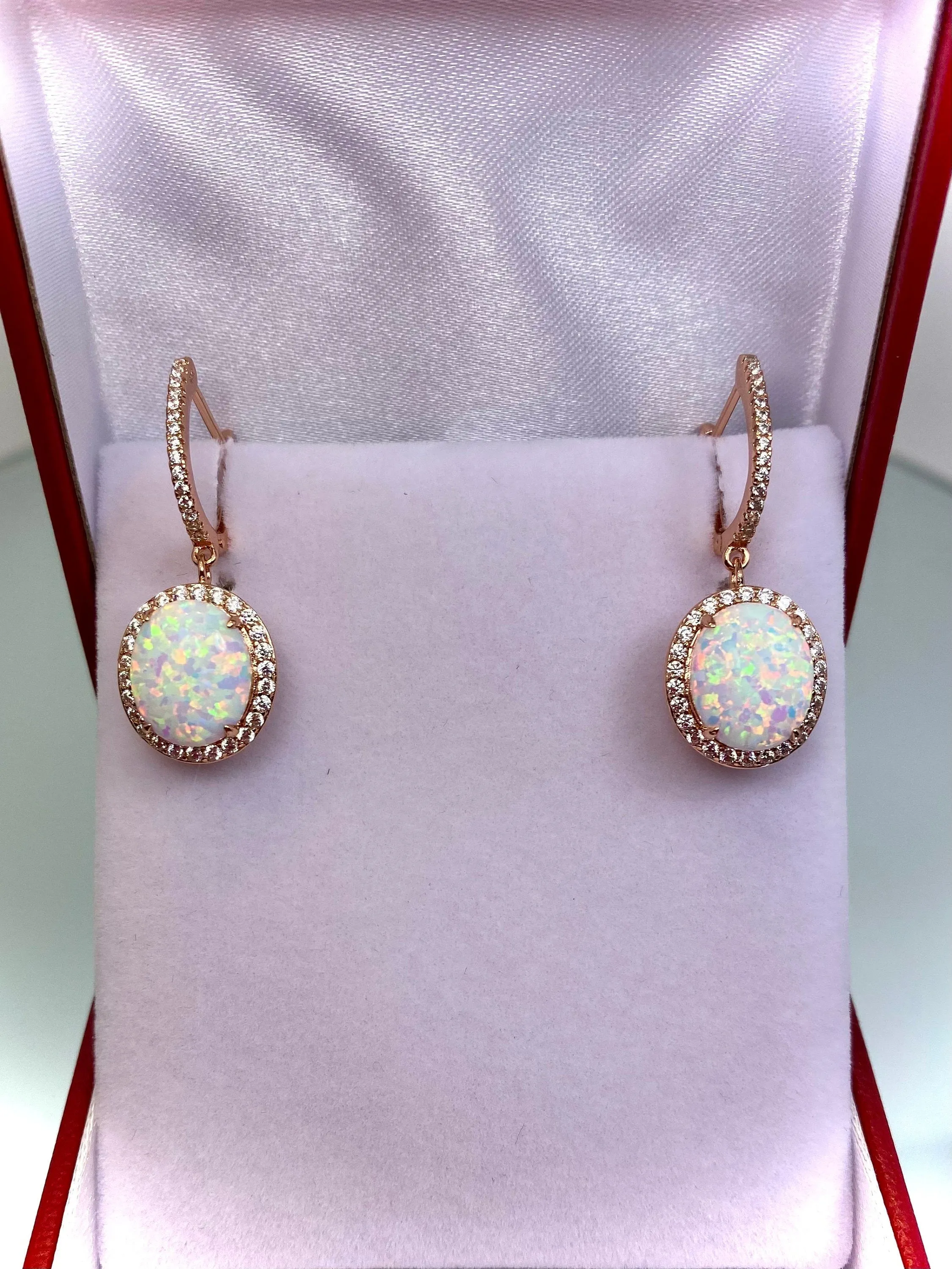 Opal Earrings, Halo Art Deco Earrings, 10K or 14K Rose Gold Filigree #E228