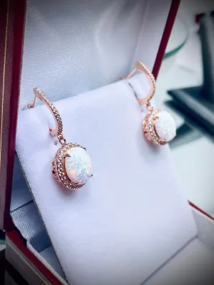 Opal Earrings, Halo Art Deco Earrings, 10K or 14K Rose Gold Filigree #E228