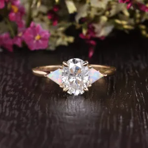 Oval Cut Moissanite & Opal Engagement Ring, Edwardian Design