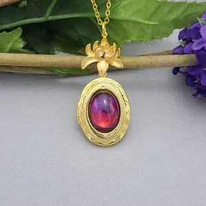 Oval Real 18K Gold Plated with Fire Opal Stone and Lotus Flower Photo Locket Jewelry Gift Locket Necklace .