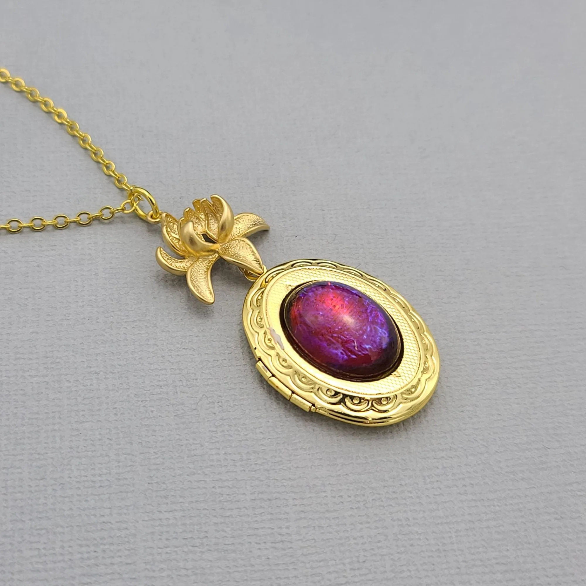 Oval Real 18K Gold Plated with Fire Opal Stone and Lotus Flower Photo Locket Jewelry Gift Locket Necklace .