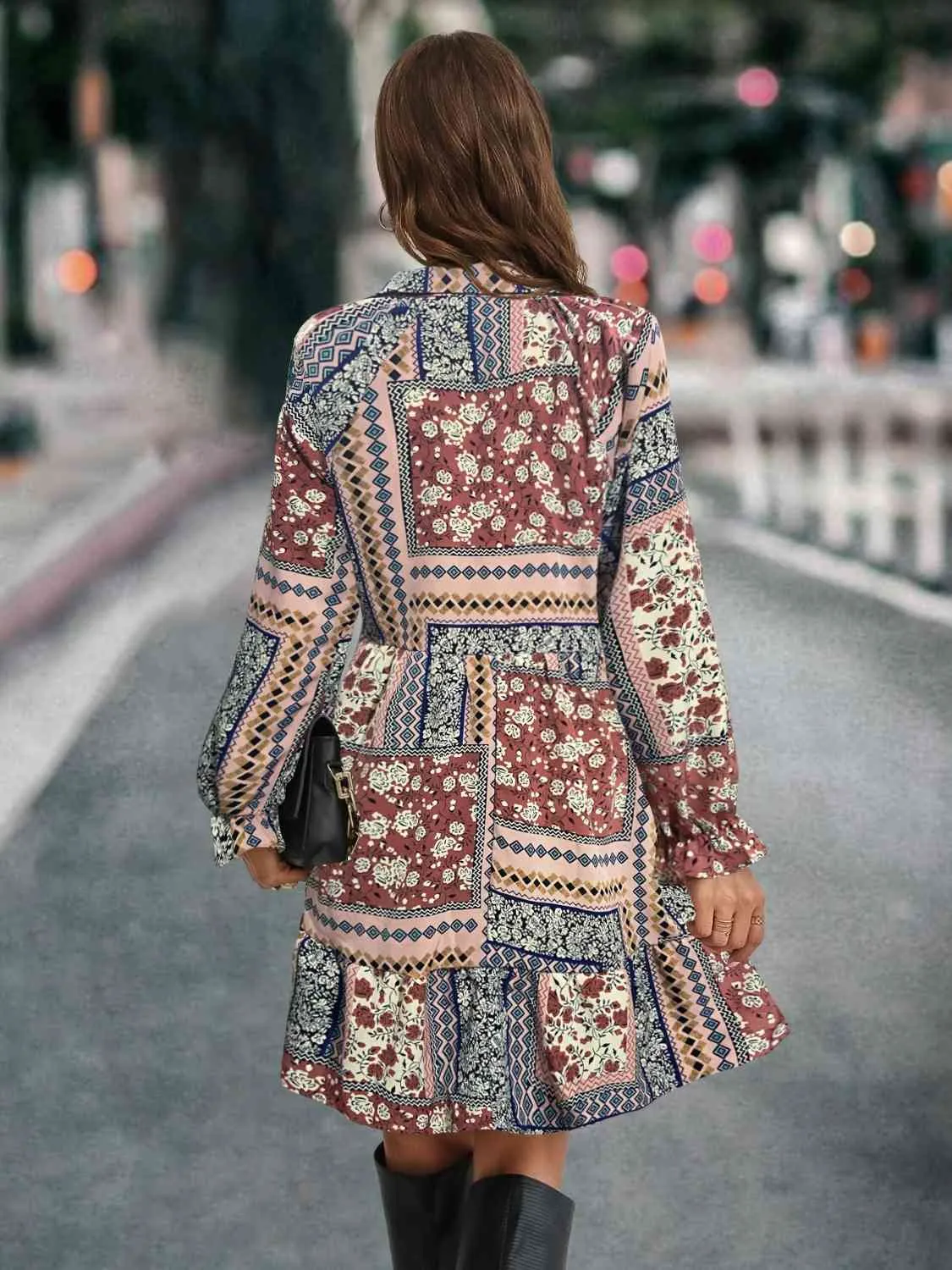 Patchwork Tie Front Flounce Sleeve Dress
