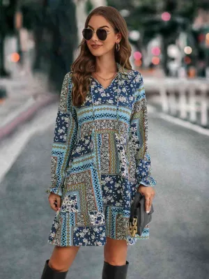 Patchwork Tie Front Flounce Sleeve Dress