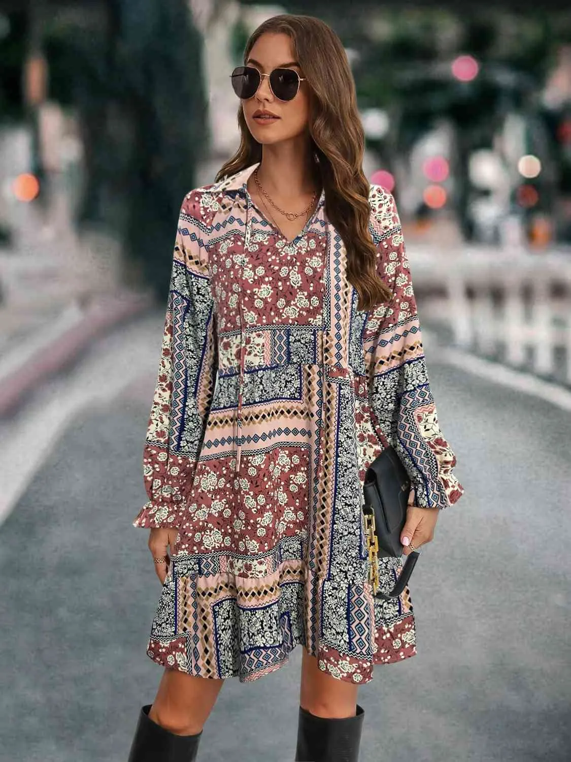 Patchwork Tie Front Flounce Sleeve Dress