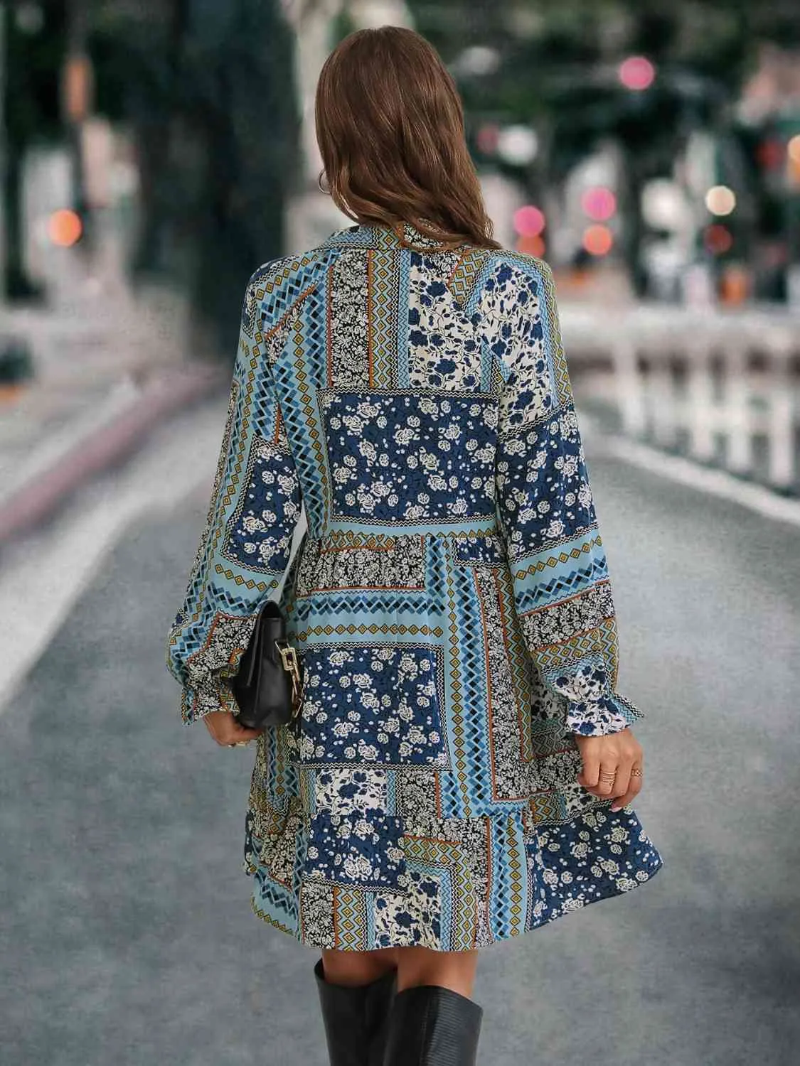 Patchwork Tie Front Flounce Sleeve Dress
