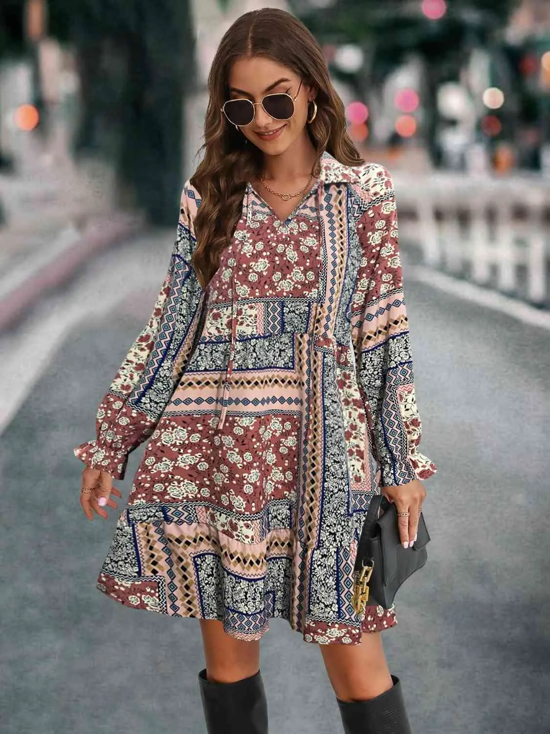 Patchwork Tie Front Flounce Sleeve Dress