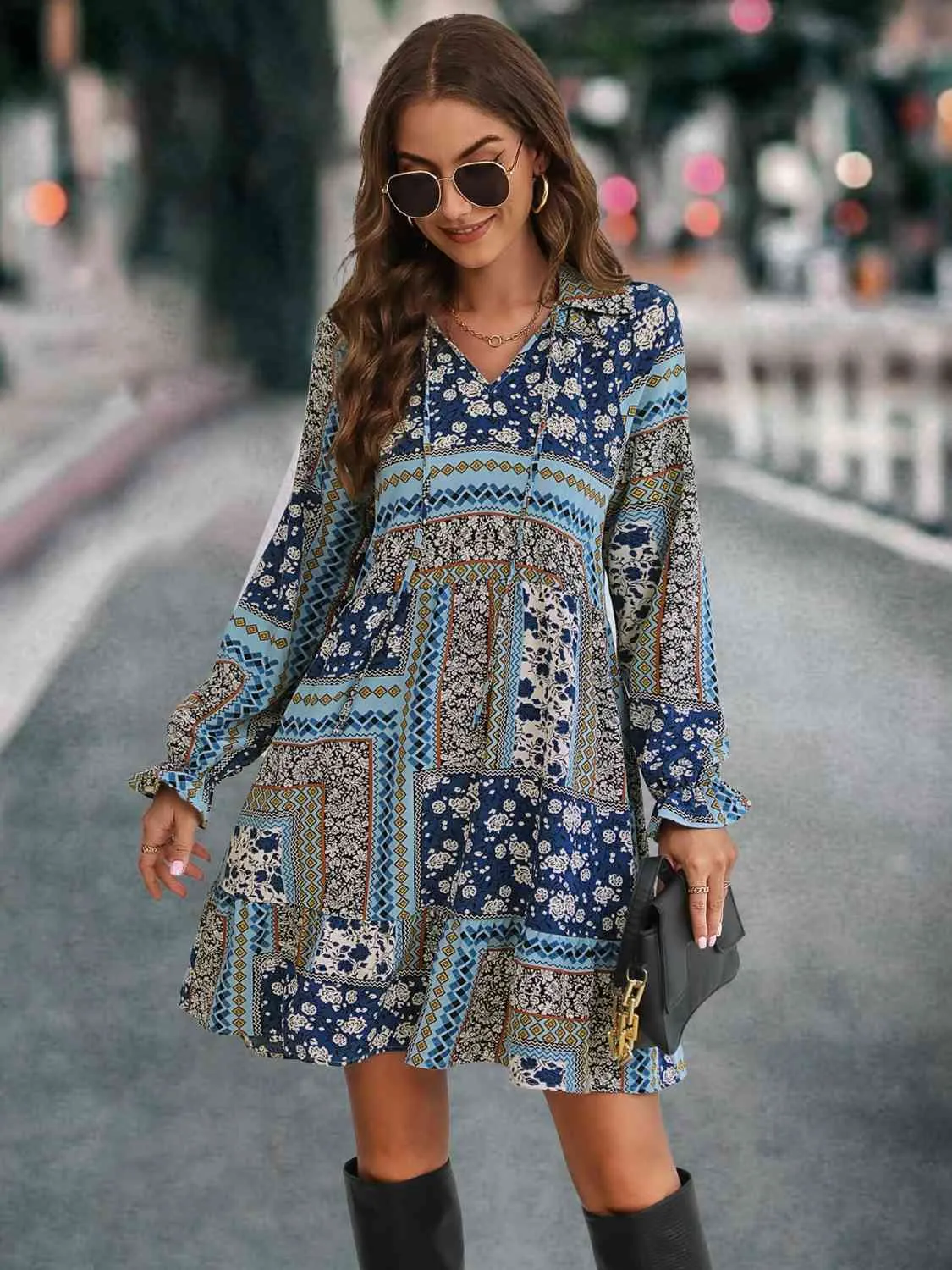 Patchwork Tie Front Flounce Sleeve Dress