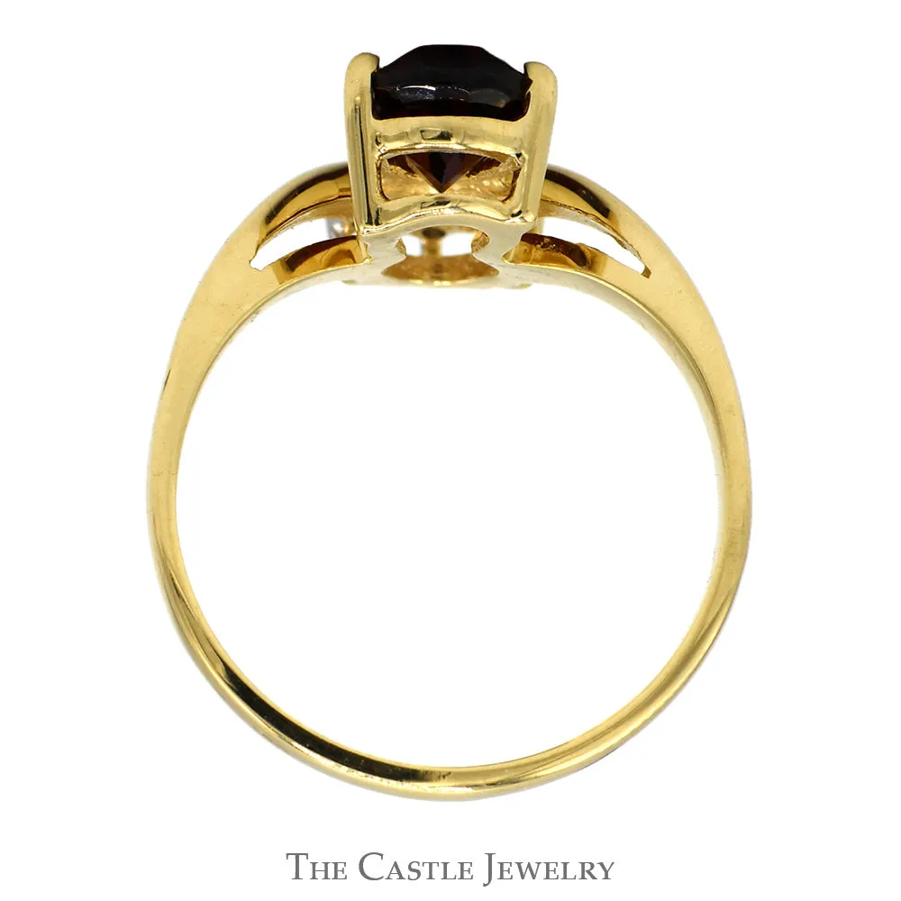 Pear Cut Garnet Ring with Diamond Accents in 14k Yellow Gold "V" Shaped Setting