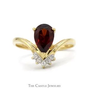 Pear Cut Garnet Ring with Diamond Accents in 14k Yellow Gold "V" Shaped Setting