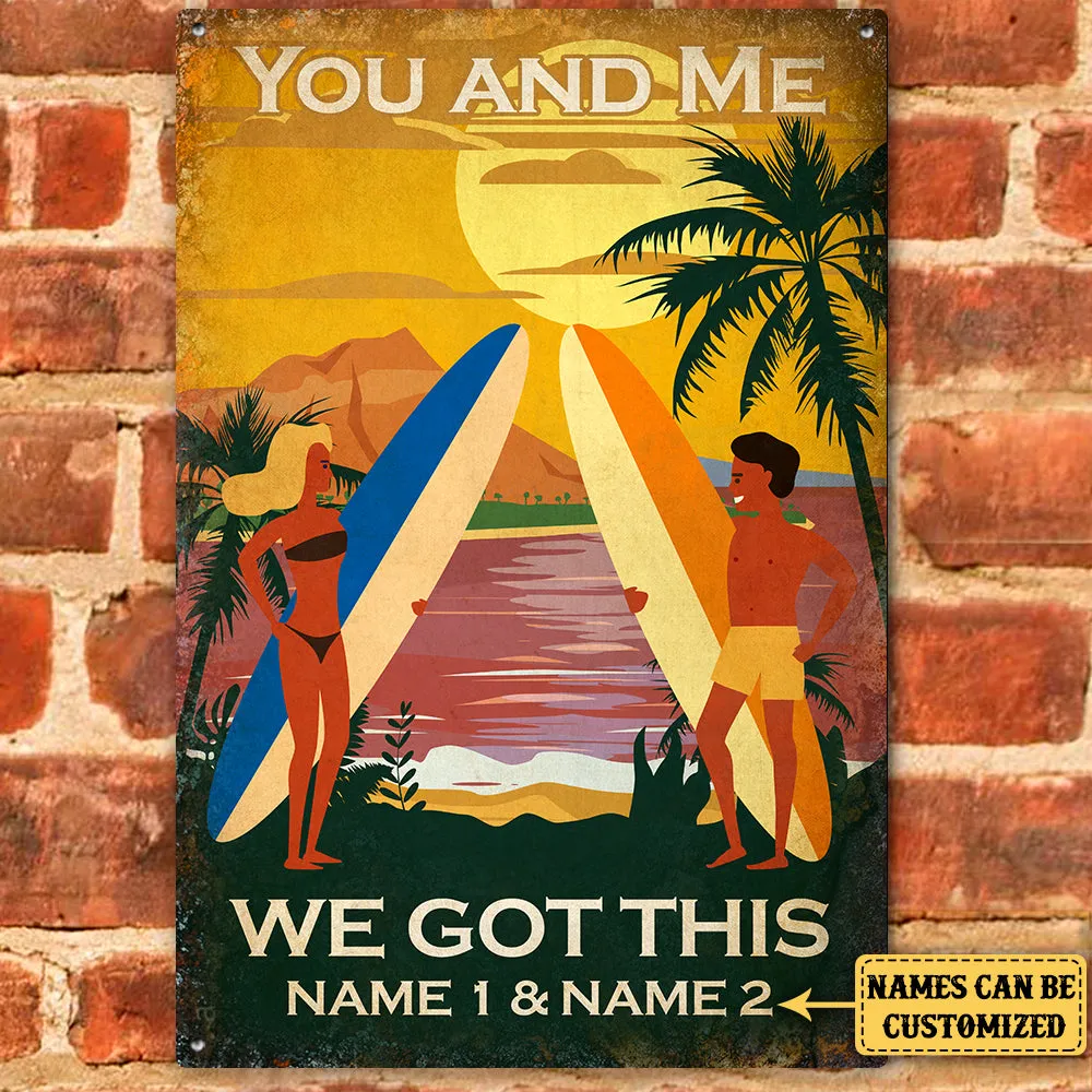 Personalized Surfing Couple Classic Metal Sign