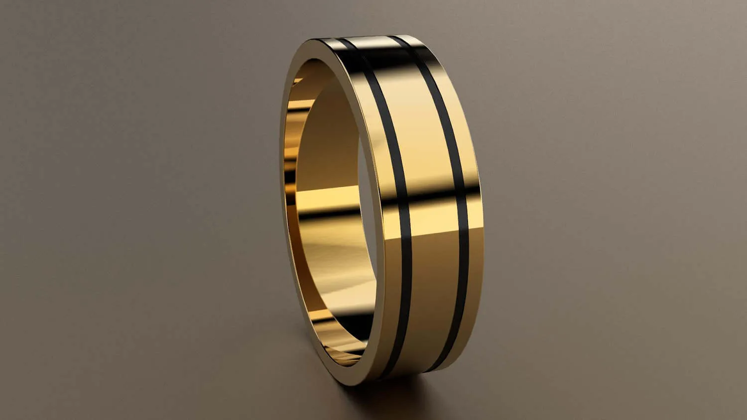 Polished Yellow Gold 6mm Double Black Groove Wedding Band