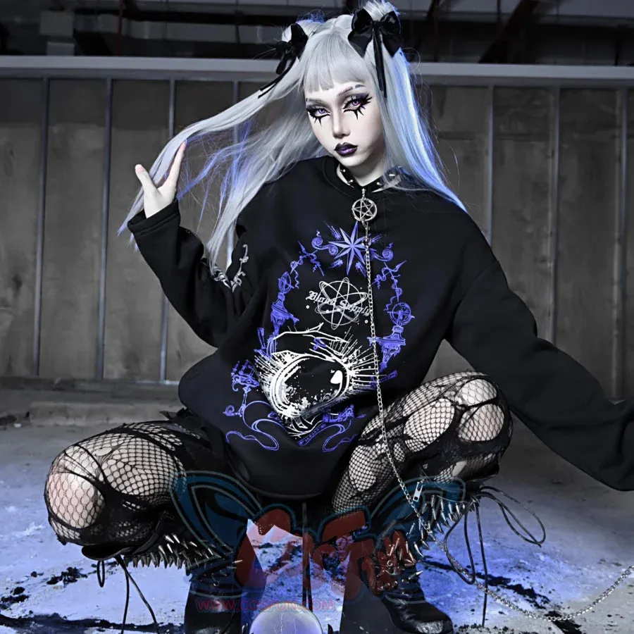 Printed Crystal Ball Diamond Embedded Oversize Woolen Long-sleeved Hoodie