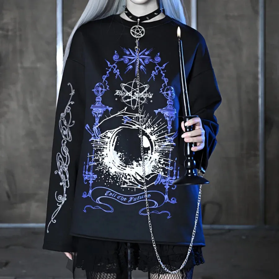 Printed Crystal Ball Diamond Embedded Oversize Woolen Long-sleeved Hoodie