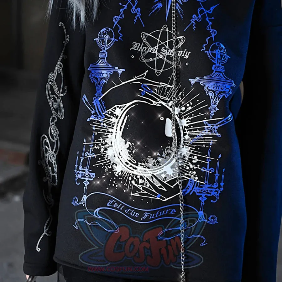 Printed Crystal Ball Diamond Embedded Oversize Woolen Long-sleeved Hoodie