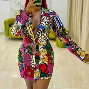 Printed Deep V-Neck Long Sleeve Blazer Dress
