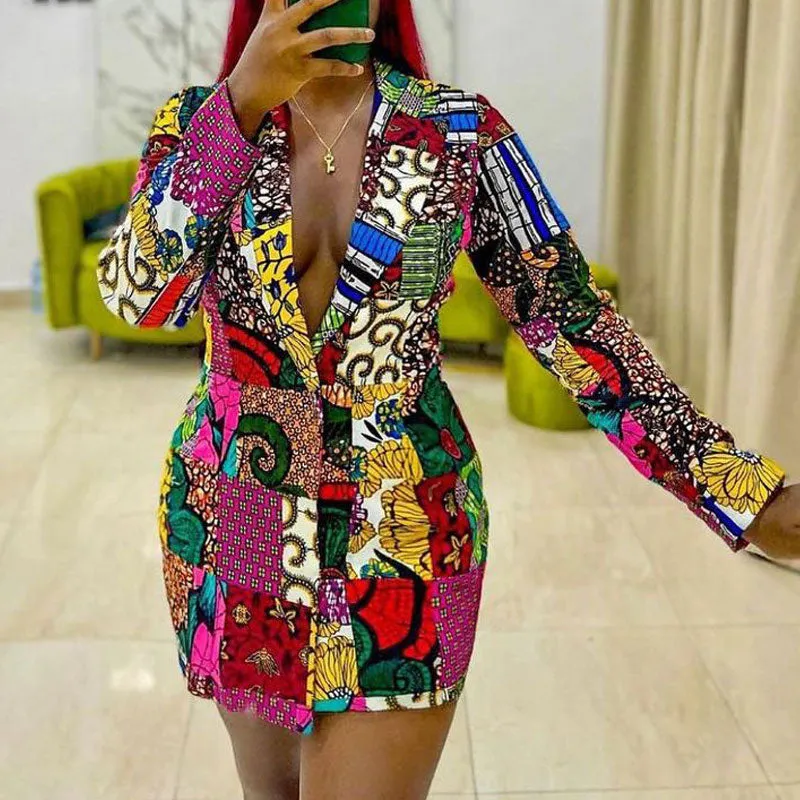 Printed Deep V-Neck Long Sleeve Blazer Dress