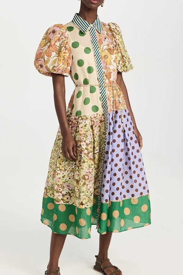 Printed Fashion Puff Sleeves All-match Slim Fit Swing Dress