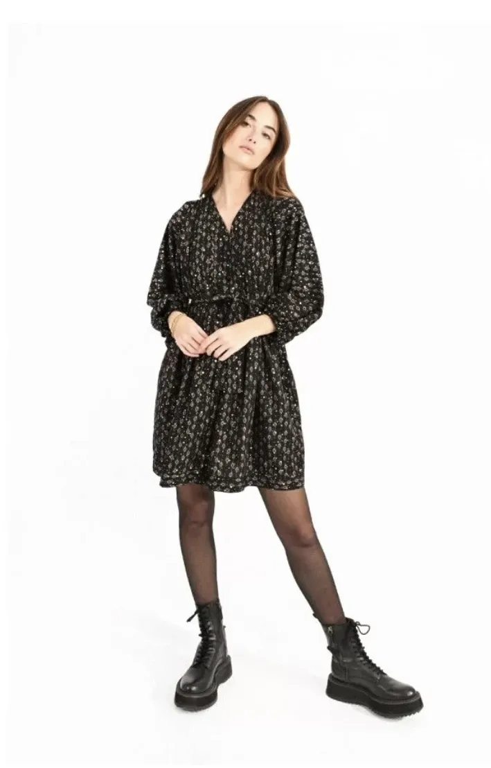 Printed Long Sleeve Tie Waist Dress