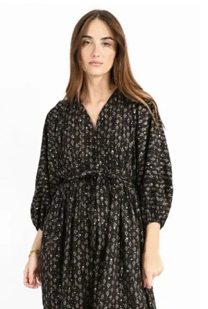 Printed Long Sleeve Tie Waist Dress
