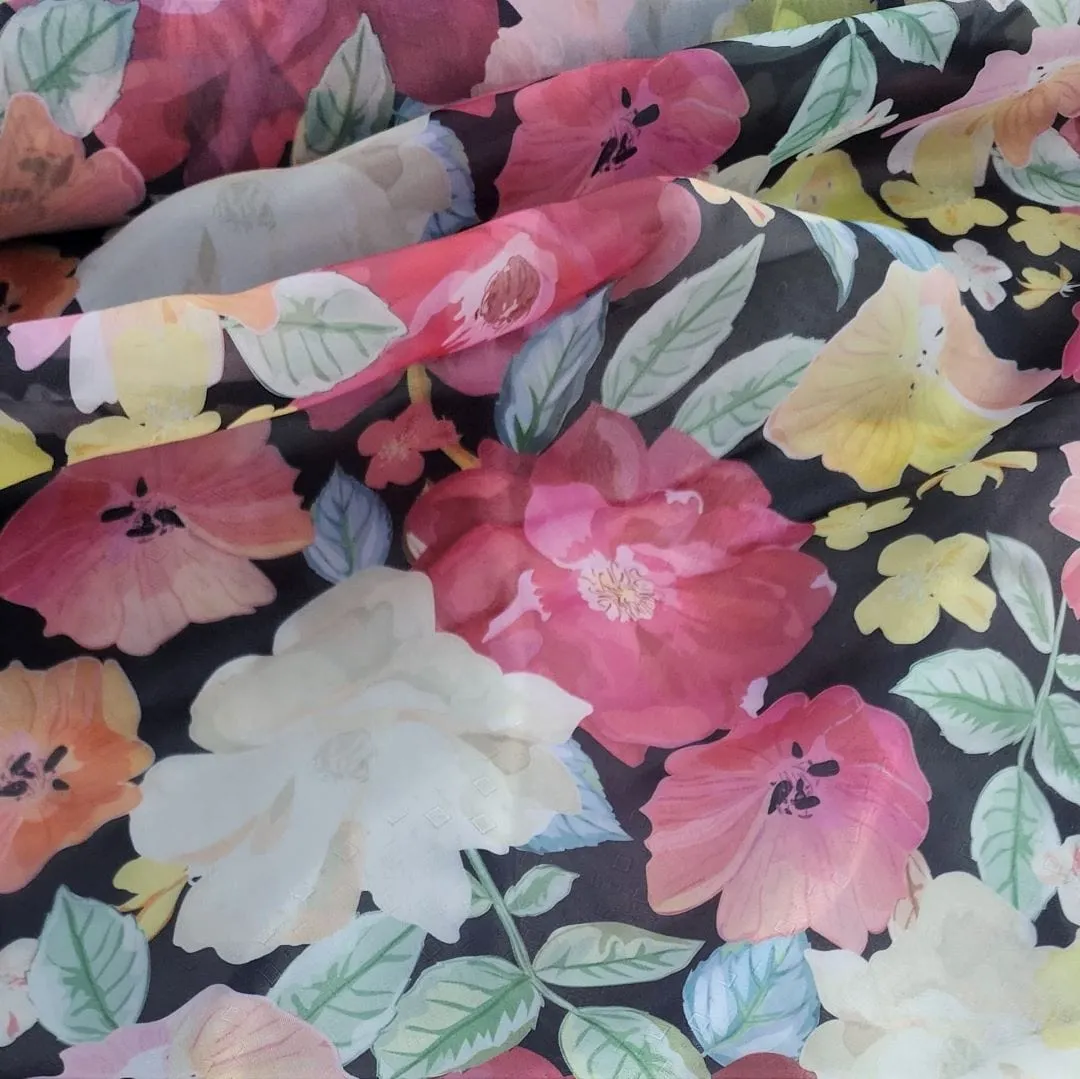 Printed Organdy Fabric Black/Pink Floral 150cm