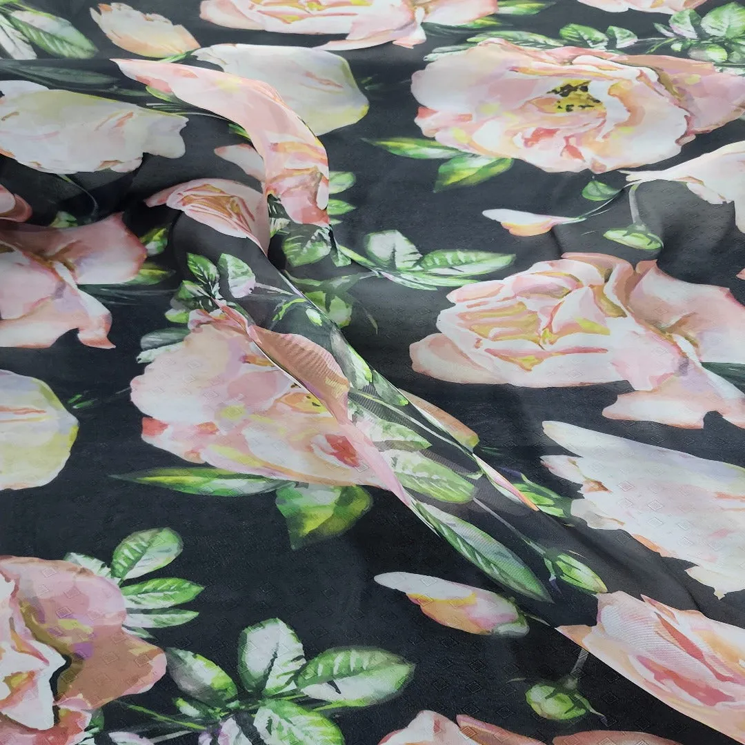 Printed Organdy Fabric Floral Black 150cm