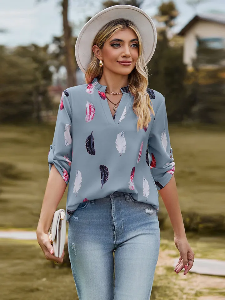 Printed Roll-Tab Sleeve Notched Neck Blouse (3 Colors)