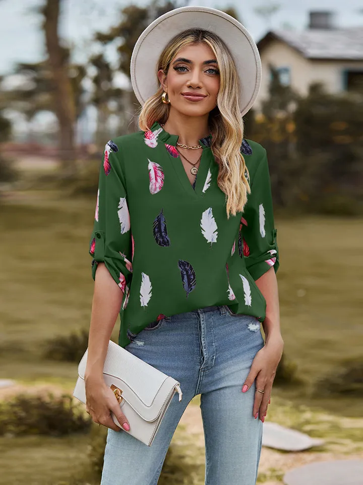 Printed Roll-Tab Sleeve Notched Neck Blouse (3 Colors)