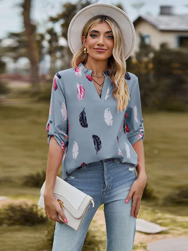 Printed Roll-Tab Sleeve Notched Neck Blouse (3 Colors)