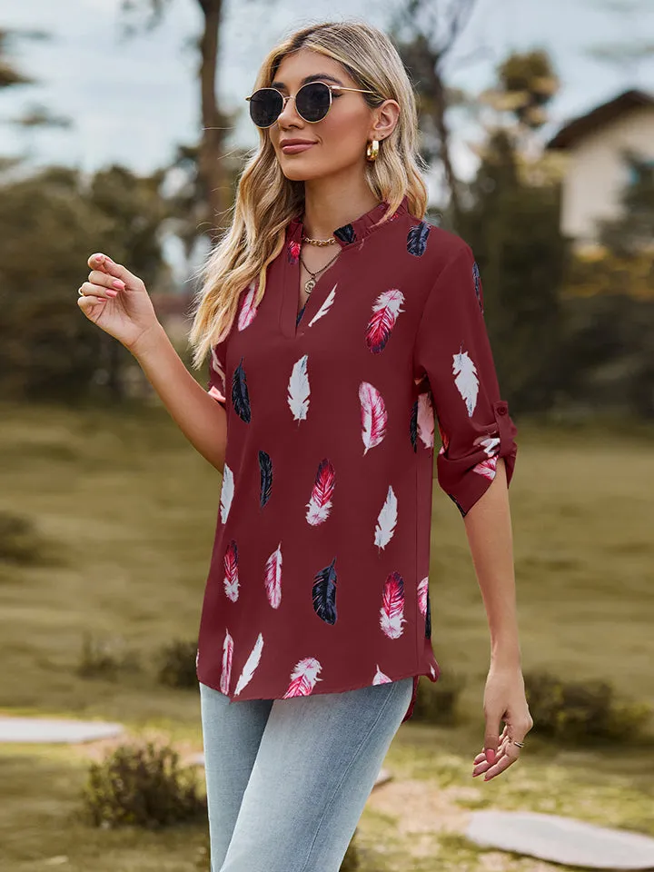 Printed Roll-Tab Sleeve Notched Neck Blouse (3 Colors)