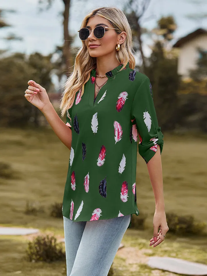 Printed Roll-Tab Sleeve Notched Neck Blouse (3 Colors)