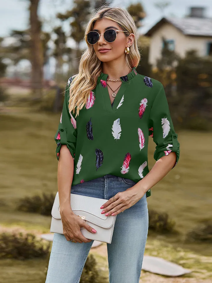 Printed Roll-Tab Sleeve Notched Neck Blouse (3 Colors)