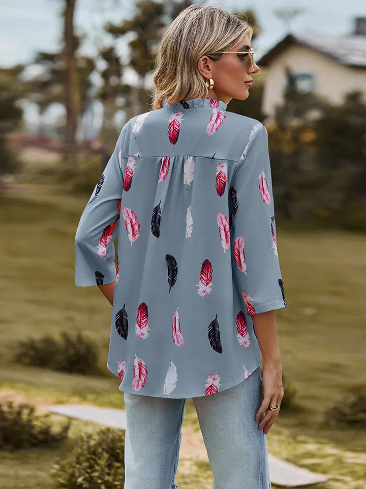 Printed Roll-Tab Sleeve Notched Neck Blouse (3 Colors)