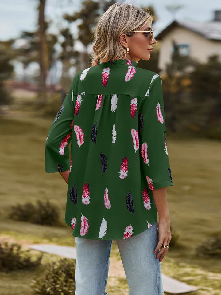 Printed Roll-Tab Sleeve Notched Neck Blouse (3 Colors)