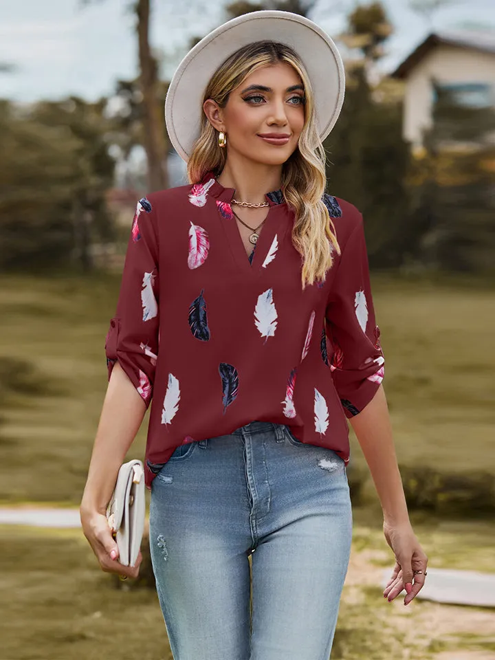 Printed Roll-Tab Sleeve Notched Neck Blouse (3 Colors)