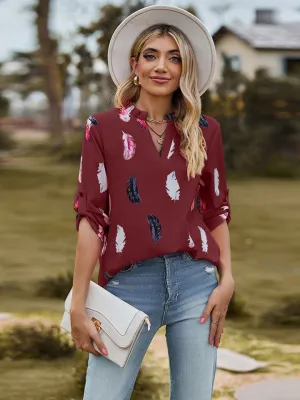 Printed Roll-Tab Sleeve Notched Neck Blouse (3 Colors)