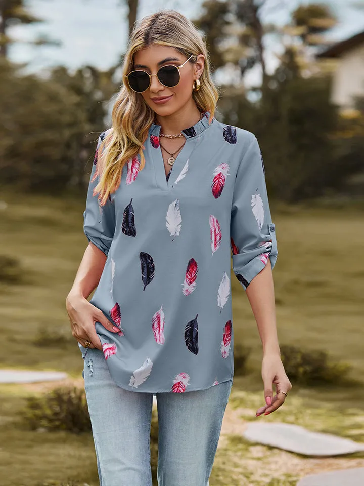 Printed Roll-Tab Sleeve Notched Neck Blouse (3 Colors)