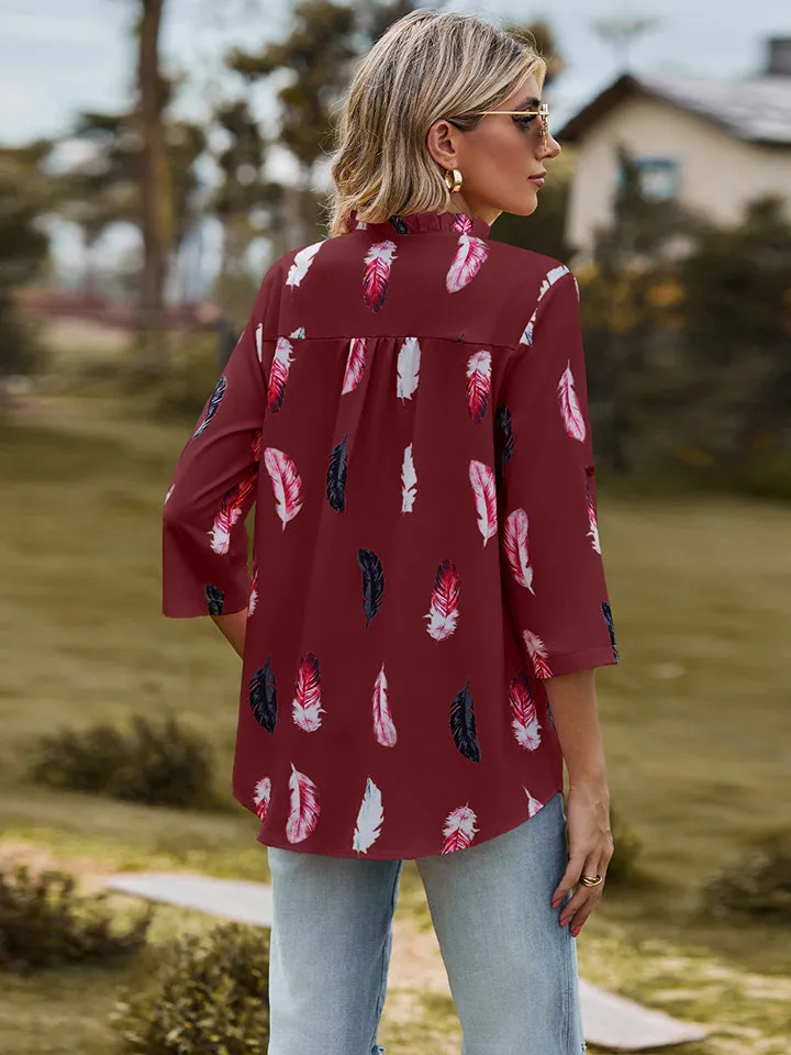 Printed Roll-Tab Sleeve Notched Neck Blouse (3 Colors)