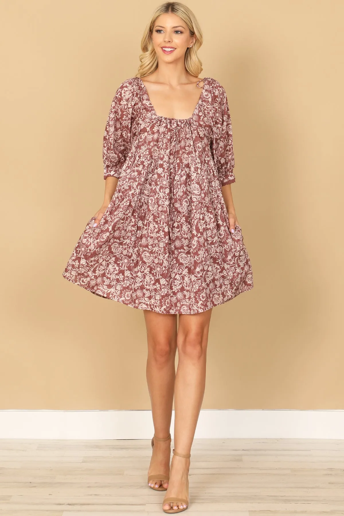 PUFF SLEEVE BABYDOLL PRINTED MINI DRESS