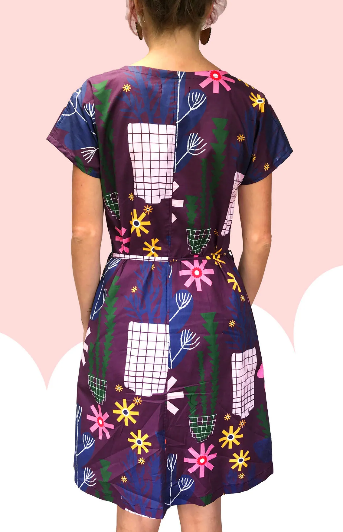 Purple Retro Pot Plant Garden 100% cotton dress with pockets (cap sleeves)