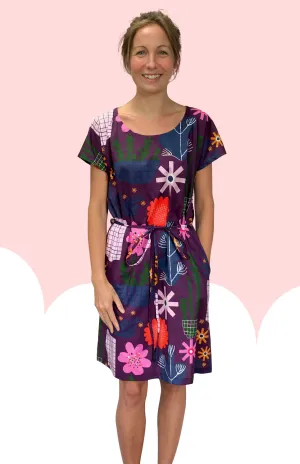 Purple Retro Pot Plant Garden 100% cotton dress with pockets (cap sleeves)