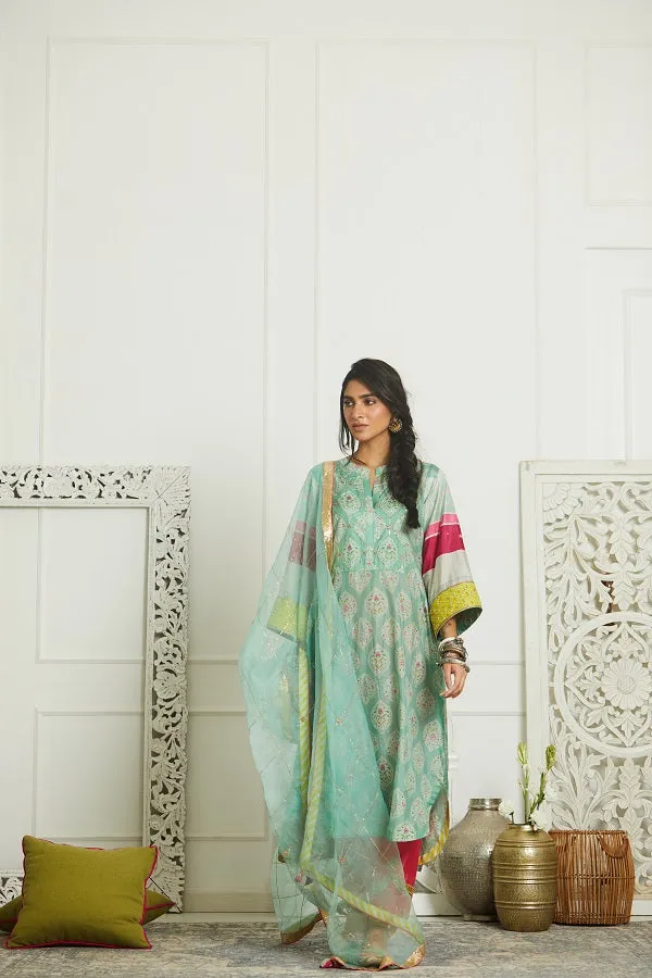 Raji Ramniq Mehezebeen Collection Blue Pink Printed Silk Kurta Palazzo Dupatta Mb-118