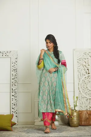 Raji Ramniq Mehezebeen Collection Blue Pink Printed Silk Kurta Palazzo Dupatta Mb-118