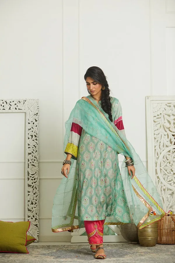 Raji Ramniq Mehezebeen Collection Blue Pink Printed Silk Kurta Palazzo Dupatta Mb-118